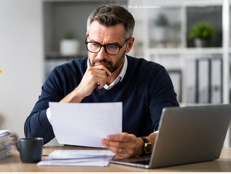 A business owner carefully reviewing candidate information at a desk