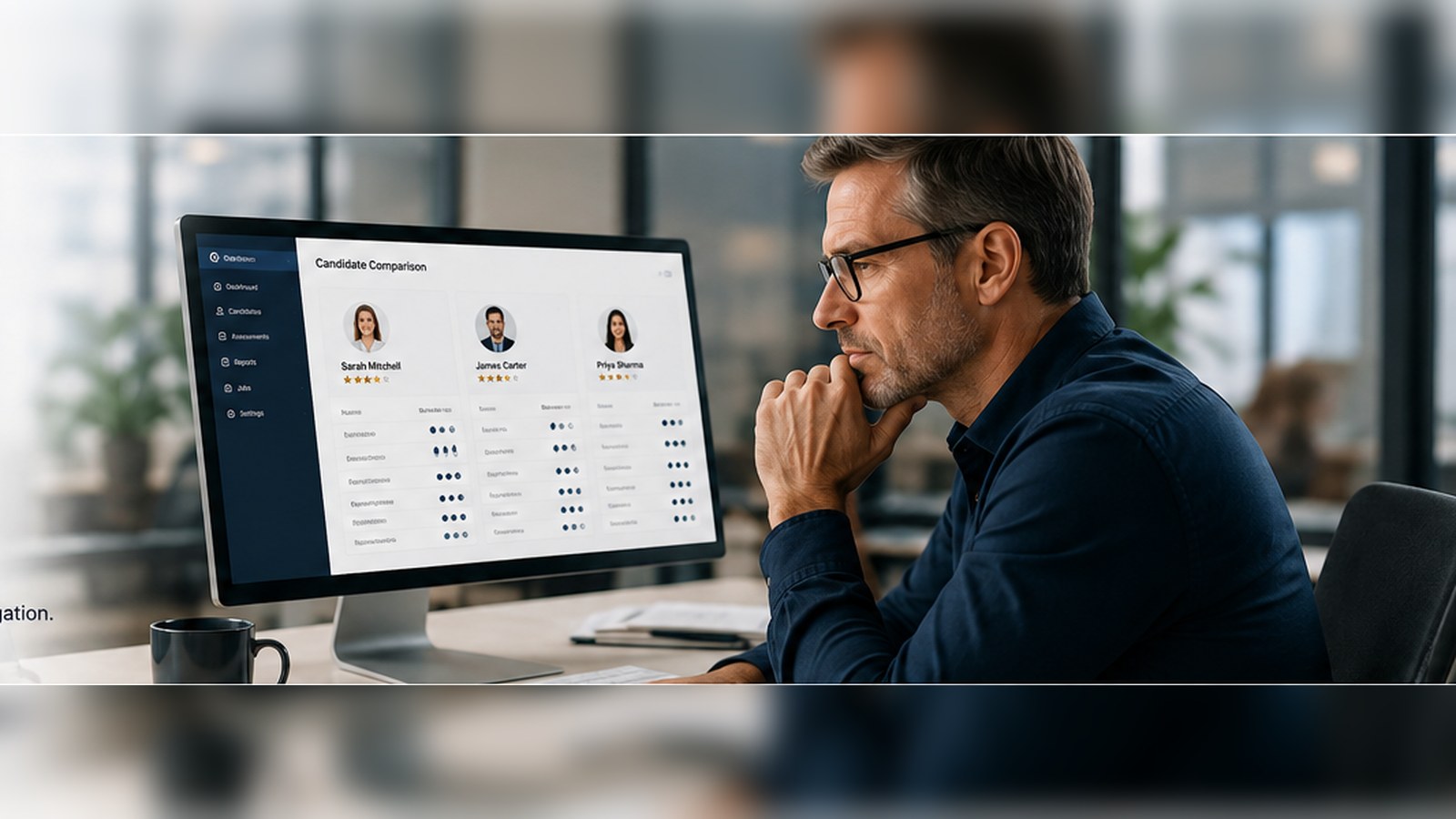 A business owner carefully reviewing candidate information at a desk